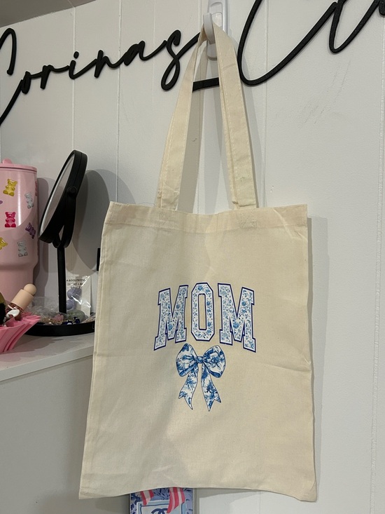 Hand Crafted Handbags - Cream Canvas MOM Tote Bag with Blue Floral Lettering